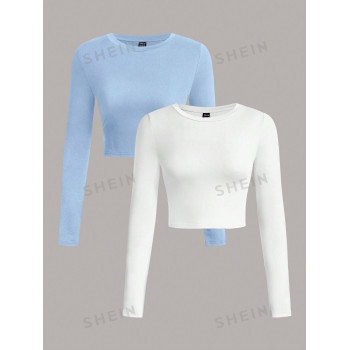 SHEIN EZwear 2 pièces T-shirt ajusté à manches longues et col rond casual uni pour femme, convient pour le printemps/automne - 29026583