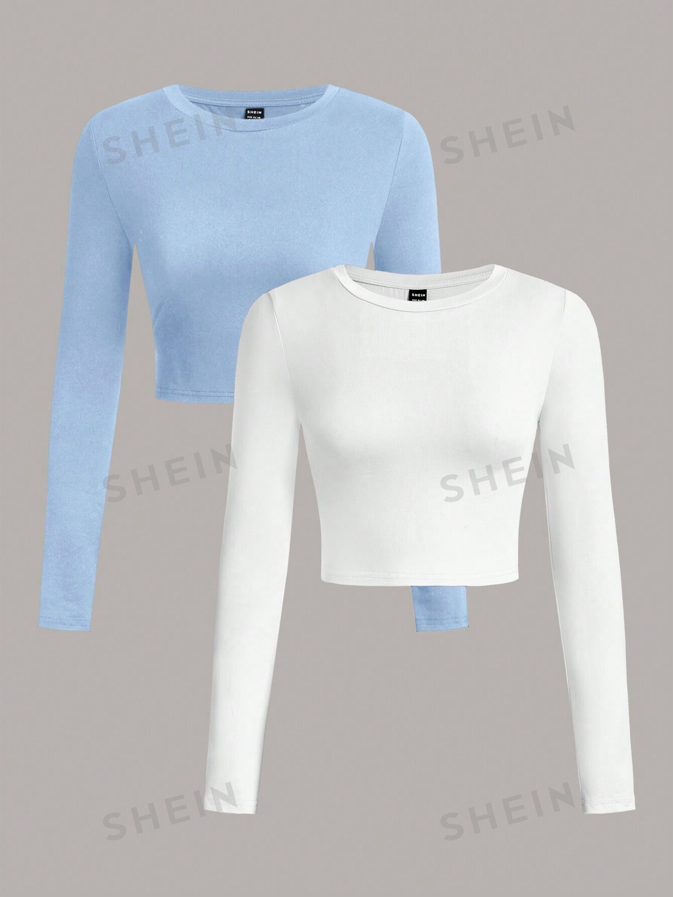 SHEIN EZwear 2 pièces T-shirt ajusté à manches longues et col rond casual uni pour femme, convient pour le printemps/automne - 29026583