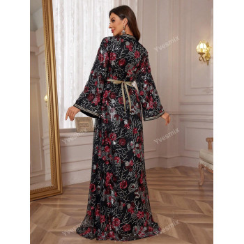 Robe longue fendue brillante à paillettes pour femme à col en V, manches longues et ceinture détachable, longueur plancher - 37015699