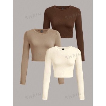 SHEIN EZwear 3 pièces/Set T-shirt à manches longues col ras-du-cou ajusté de couleur unie décontractée pour femmes, convient pour le printemps et l'automne - 29560352