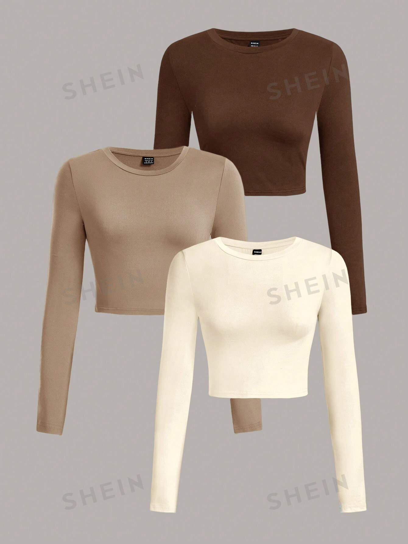 SHEIN EZwear 3 pièces/Set T-shirt à manches longues col ras-du-cou ajusté de couleur unie décontractée pour femmes, convient pour le printemps et l'automne - 29560352