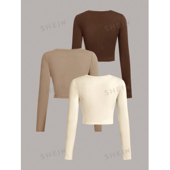 SHEIN EZwear 3 pièces/Set T-shirt à manches longues col ras-du-cou ajusté de couleur unie décontractée pour femmes, convient pour le printemps et l'automne - 29560352