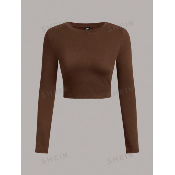 SHEIN EZwear 3 pièces/Set T-shirt à manches longues col ras-du-cou ajusté de couleur unie décontractée pour femmes, convient pour le printemps et l'automne - 29560352