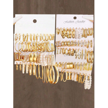 Lot de 12/24/36 pièces Boucles d'oreilles géométriques en métal avec faux perles pour femmes, idéal pour les vacances, les rendez-vous, le port quotidien et en cadeau de Noël - 40495388