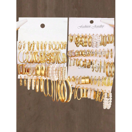 Lot de 12/24/36 pièces Boucles d'oreilles géométriques en métal avec faux perles pour femmes, idéal pour les vacances, les rendez-vous, le port quotidien et en cadeau de Noël - 40495388