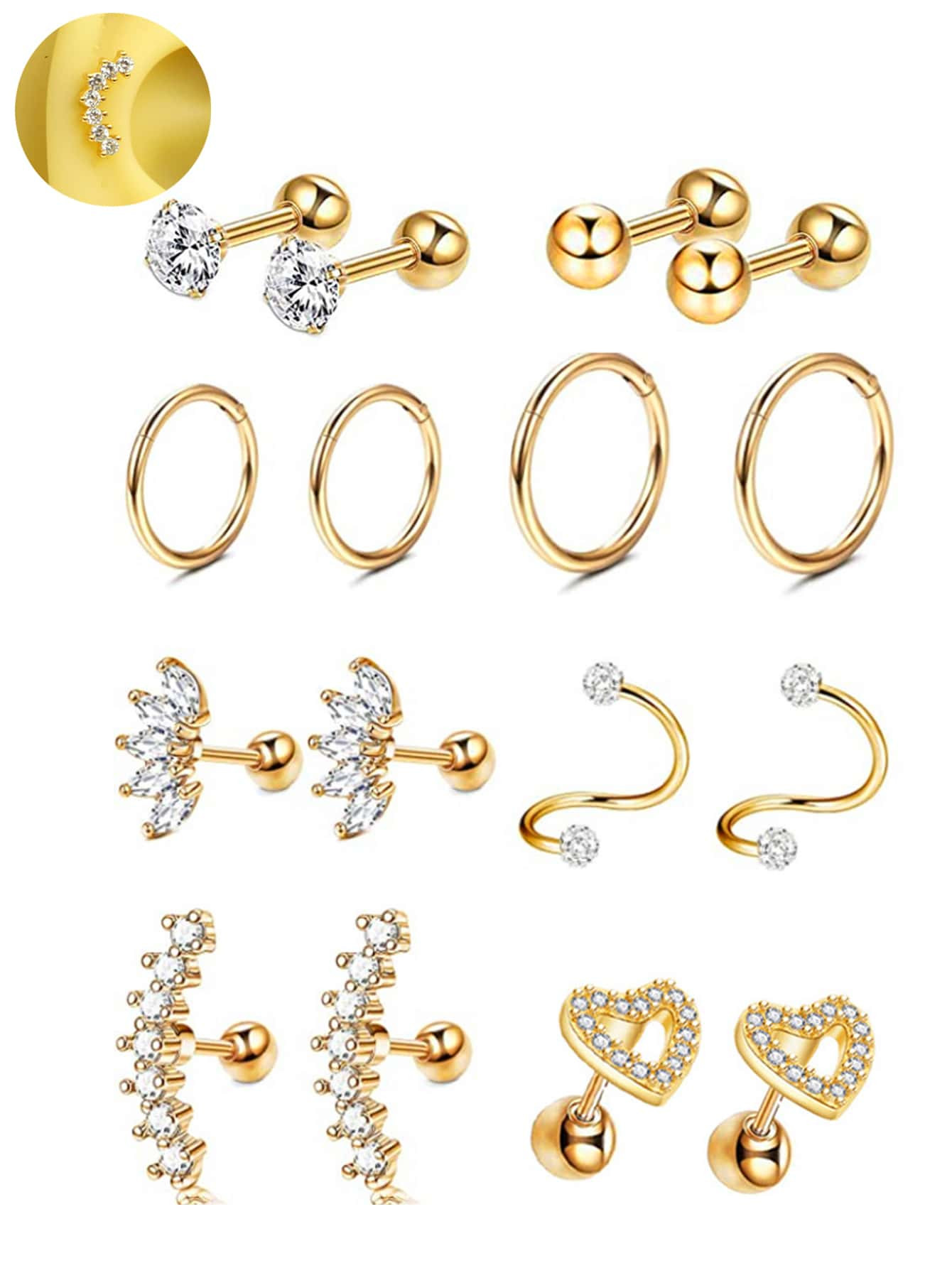 16 Pièces 16g De Bijoux De Perçage De Tragus De Boucle D'oreille De Cartilage, Boucles D'oreilles De Daith, Goujon D'hélice De Coquille, Vis, Boucles D'oreilles En Zircone Cubique, Cercle Pour Femmes - 20932534