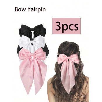 3 pièces Clips à cheveux en satin de soie de couleur unie extra larges pour femmes, accessoires de cheveux élégants avec nœud papillon, style minimali , lavage du visage, maquillage - 38793095