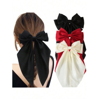 3 pièces Clips à cheveux en satin de soie de couleur unie extra larges pour femmes, accessoires de cheveux élégants avec nœud papillon, style minimali , lavage du visage, maquillage - 38793095