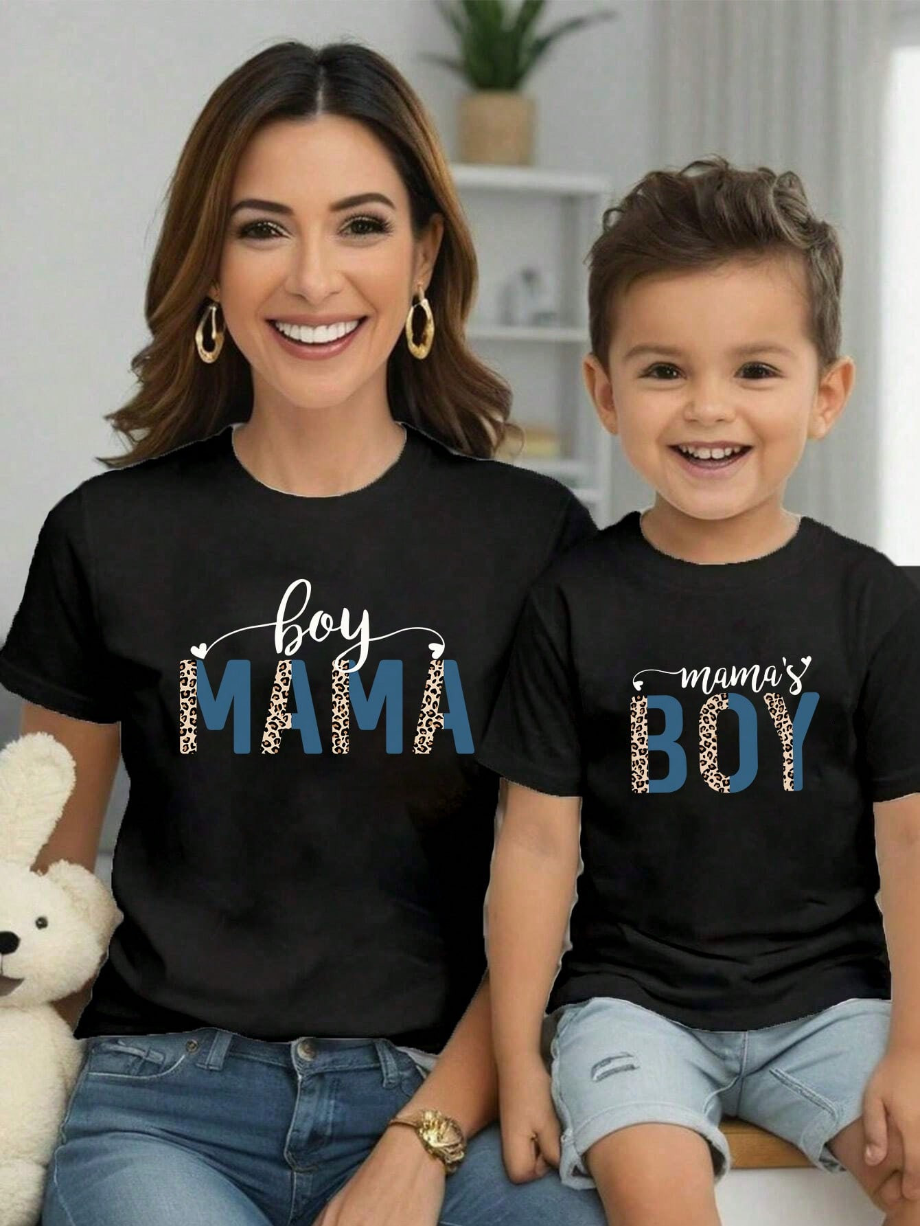 Jeune garçon Tee-shirt à manches courtes col rond avec imprimé léopard, slogan casual, Tenues assorties mère-enfant (les 2 pièces se vendent séparément) - 36676788