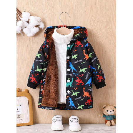 Bébé Garçon Manteau À Capuche Imprimé Dinosaure À Doublure En Tissu Duveteux Sans Pull - 22141059