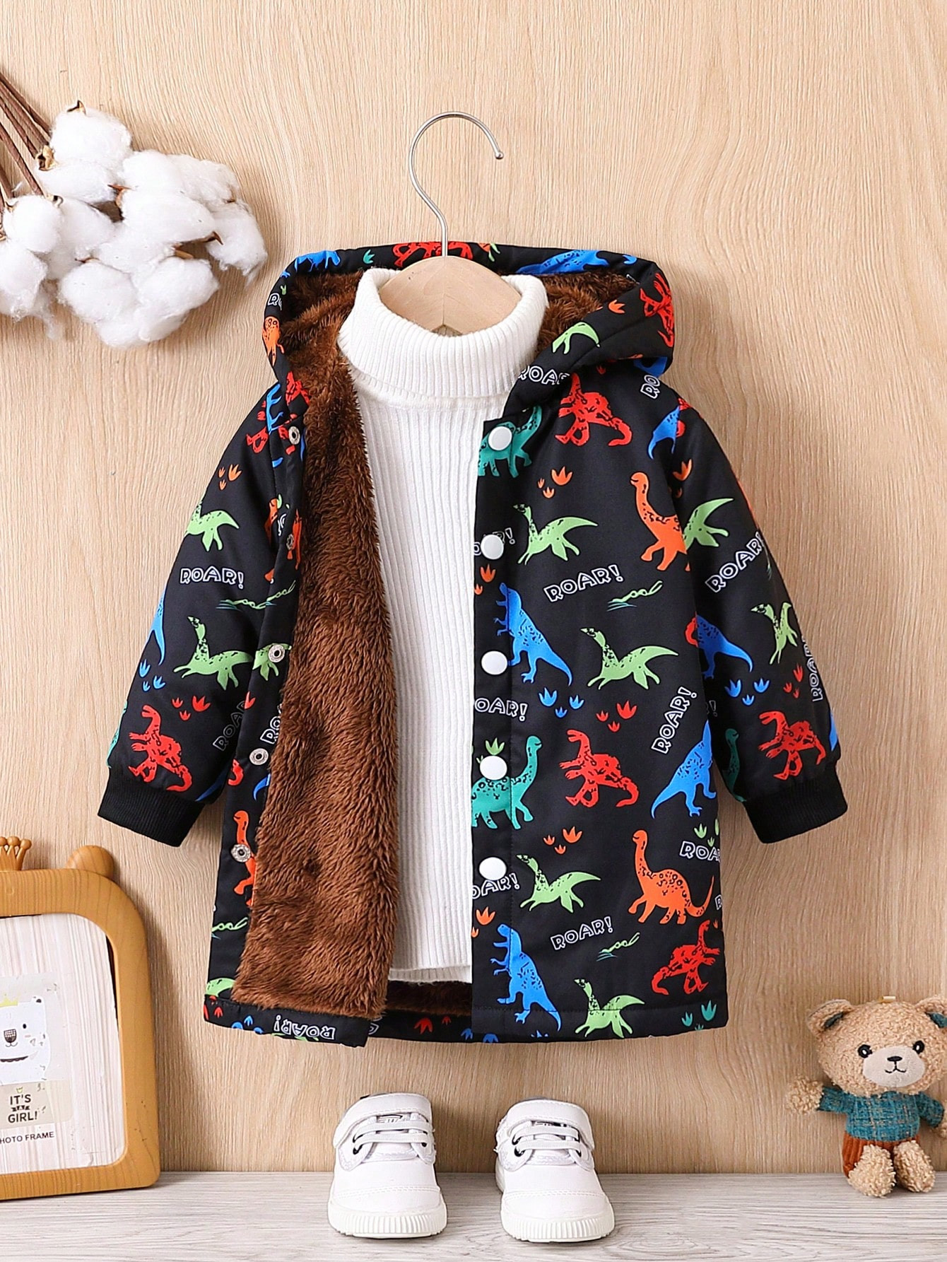 Bébé Garçon Manteau À Capuche Imprimé Dinosaure À Doublure En Tissu Duveteux Sans Pull - 22141059