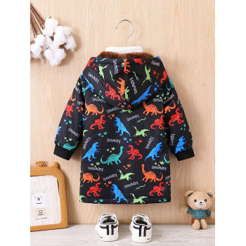 Bébé Garçon Manteau À Capuche Imprimé Dinosaure À Doublure En Tissu Duveteux Sans Pull - 22141059