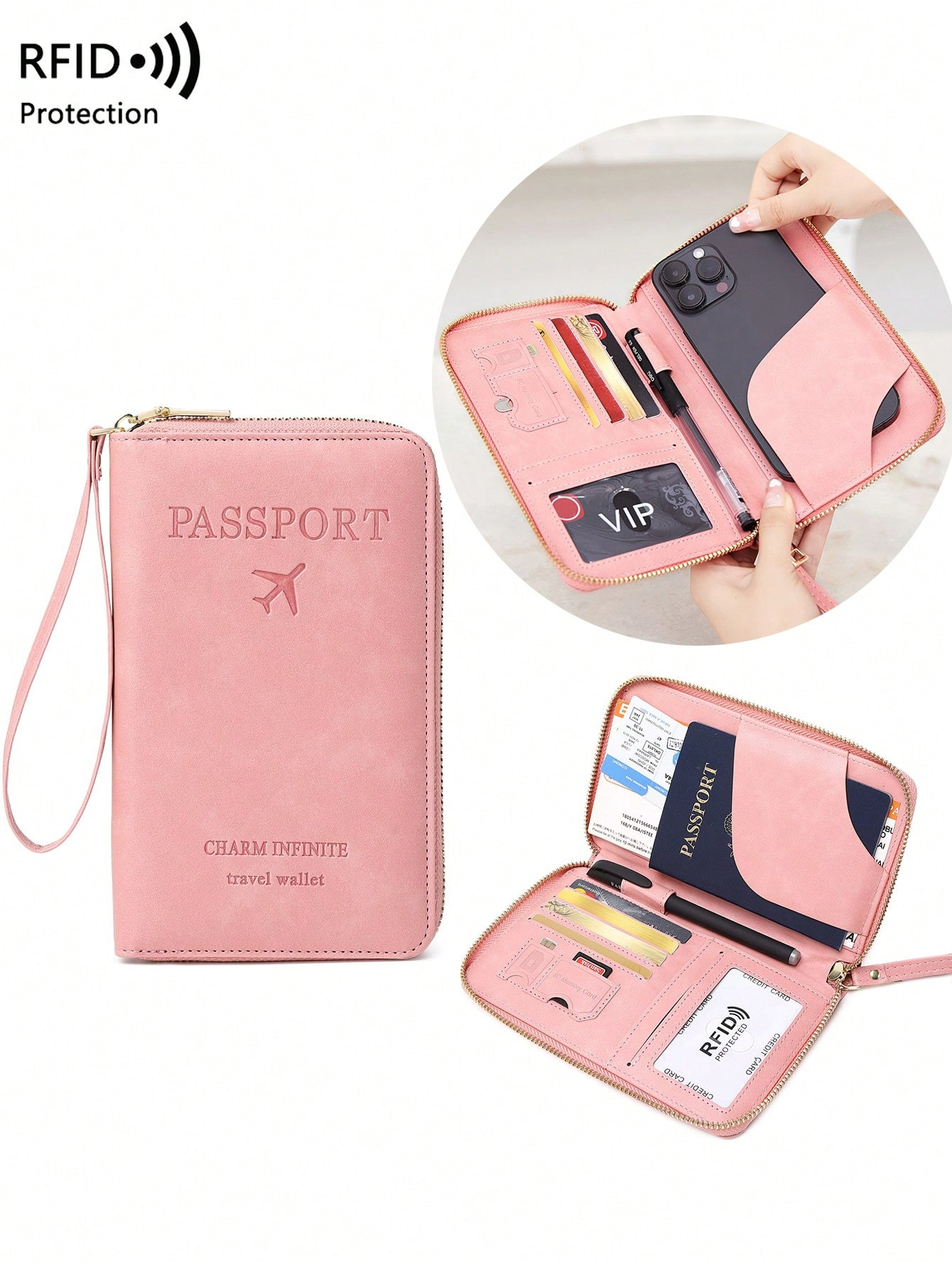 CHARM INFINITE Portefeuille De Porte-passport Pour Avion Créatif Avec Zipper, Plusieurs Emplacements De Carte Et Bracelet Pour Les Billets, Les Cartes De Crédit À Blocage Rfid - 27824476