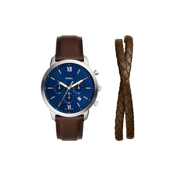 Coffret montre à quartz et bracelet en cuir - Chronographe - Marron et bleu - 02 - 32893272