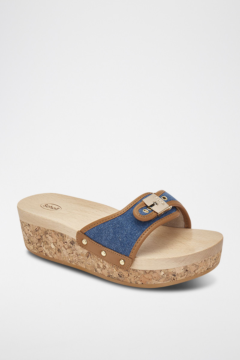 Mules compensées Pescura Wedge Reese - Bleu denim et cognac - 02 - 32898040