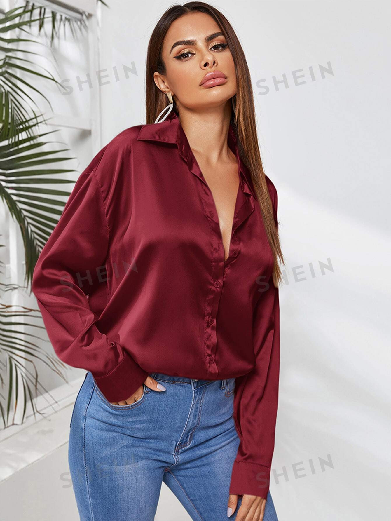 SHEIN Clasi Chemise unicolore à bouton en satin - 11506059