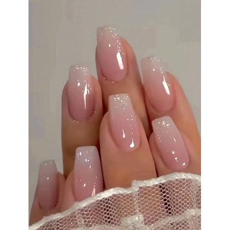 24 pièces/set Faux ongles stylés en forme de T moyens-longs pour adolescentes, couleur dégradée rose avec paillettes, ensemble d'art d'ongle de style Ins doux pour femmes - 36821096