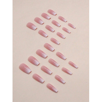 24 pièces/set Faux ongles stylés en forme de T moyens-longs pour adolescentes, couleur dégradée rose avec paillettes, ensemble d'art d'ongle de style Ins doux pour femmes - 36821096