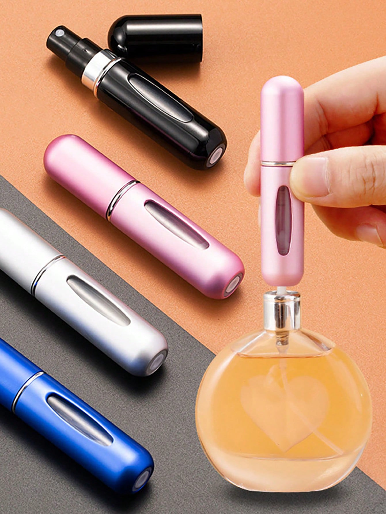 1 pièce Bouteille de parfum rechargeable en aluminium 5 ml, type de pression inférieure avec pression et pulvérisation répétées, forme semblable à un rouge à lèvres avec fenêtre visible, portable pour les voyages et les vols en avion - 35690851