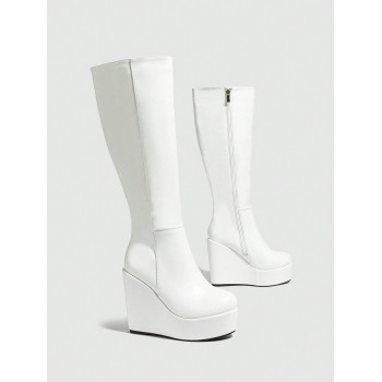 Bottes De Plate-forme Imperméables À Bout Rond Pour Femmes, Sur Les Genoux Avec Fermeture À Glissière Latérale, Talon Compensé Et Semelle Épaisse - 23104775