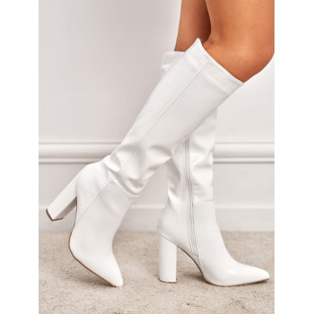 Bottes De Mode Femme Blanc Élégant Motif Crocodile , Style Classique Avec En Relief De Crocodile Zippé - 10762473