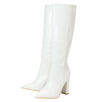 Bottes De Mode Femme Blanc Élégant Motif Crocodile , Style Classique Avec En Relief De Crocodile Zippé - 10762473