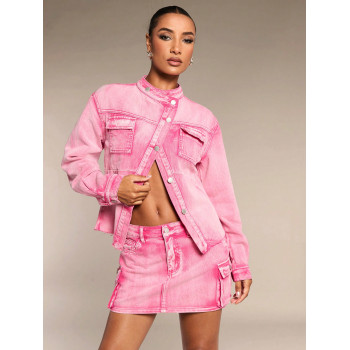 SHEIN BAE Ensemble 2 pièces casual femme, Top à manches longues avec boutons et couleur unie, jupe en jean avec poches, décor, ensembles de vêtements  s de cocktail rose, tailleurs pour femmes - 41694532