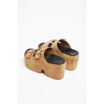 Mules à talons en croûte cuir nubuck - Beige - 02 - 32088260