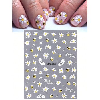 2 feuilles Autocollants d'art d'ongle d'été, dessin de marguerite et d'abeille mignonne en style de dessin animé, conception mixte de pétales de fleur accessoires de manucure de salon - 35940612