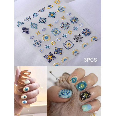 3 pièces Stickers décoratifs de nail art tendance pour femmes, conception de fleurs, stickers de décor de style bohème 5D holographiques, autocollants de nail art brillants et gaufrés, décalcomanies de style boho auto-adhésives - 37018901