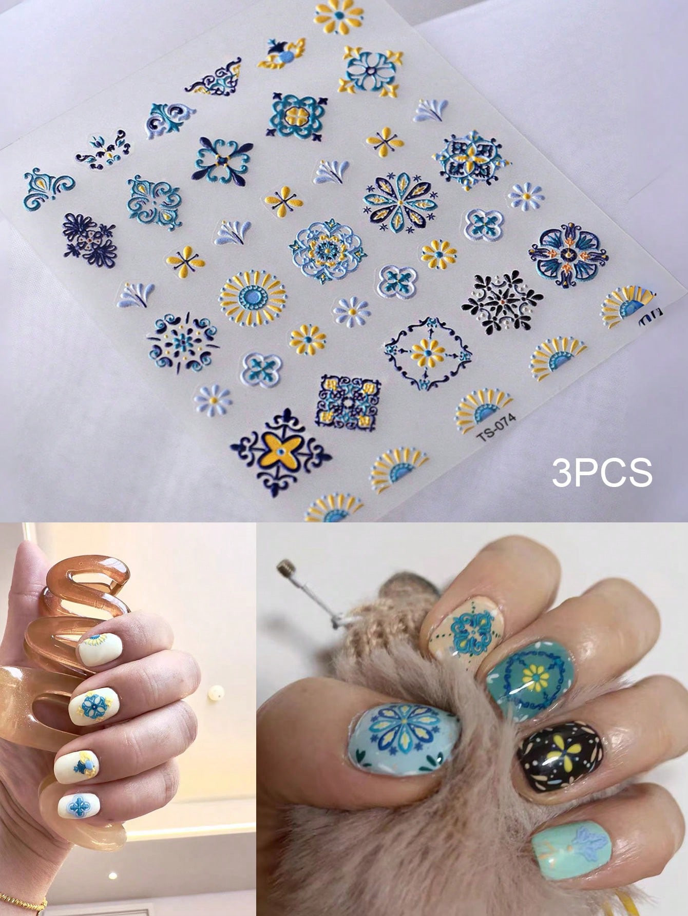 3 pièces Stickers décoratifs de nail art tendance pour femmes, conception de fleurs, stickers de décor de style bohème 5D holographiques, autocollants de nail art brillants et gaufrés, décalcomanies de style boho auto-adhésives - 37018901